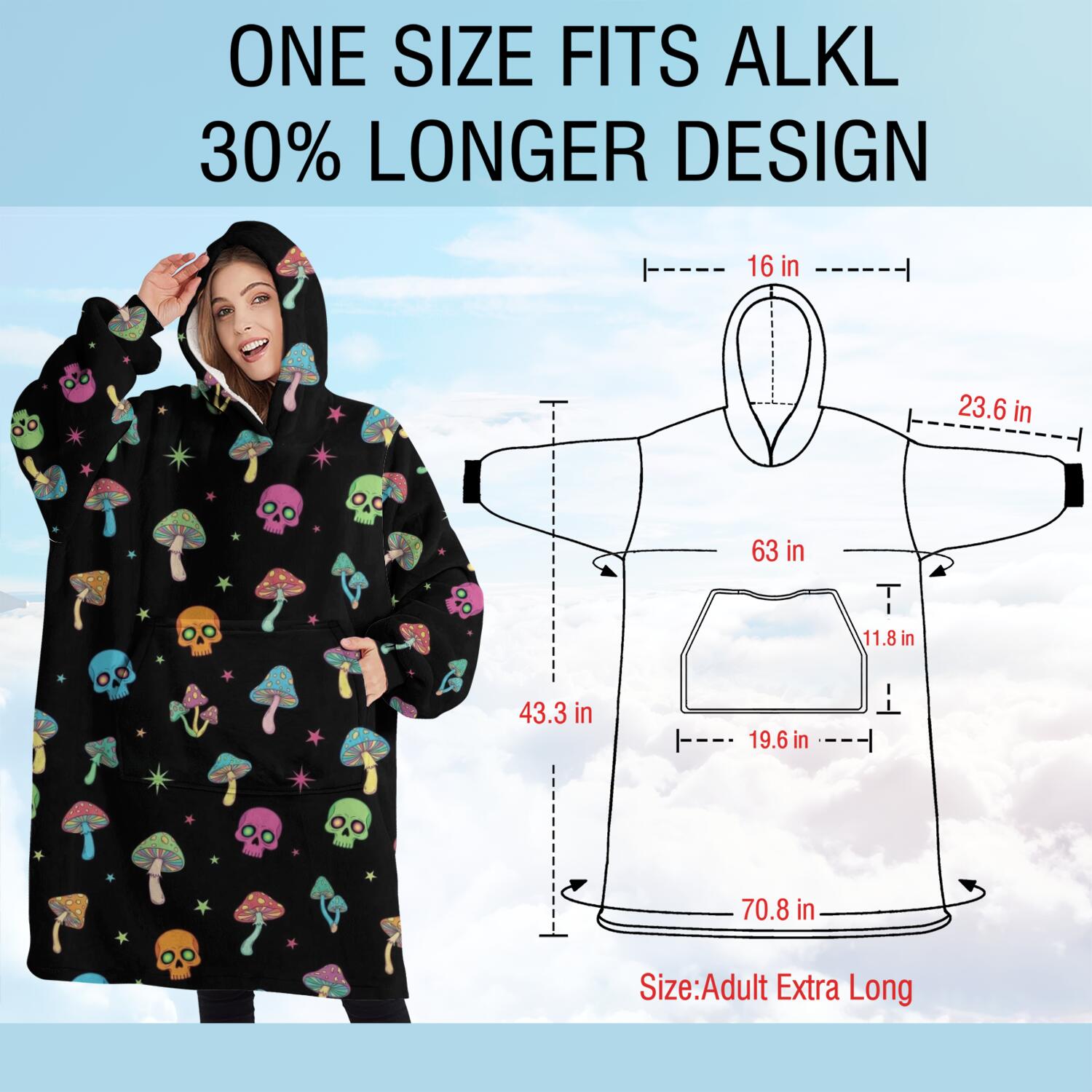 Oversized Wearable Blanket Hoodie,Black Colorful Skull Mushroom Pattern Sherpa Blanket Hoodie with Super Pockets,Super Warm Fuzzy Pullover for Women & Men
