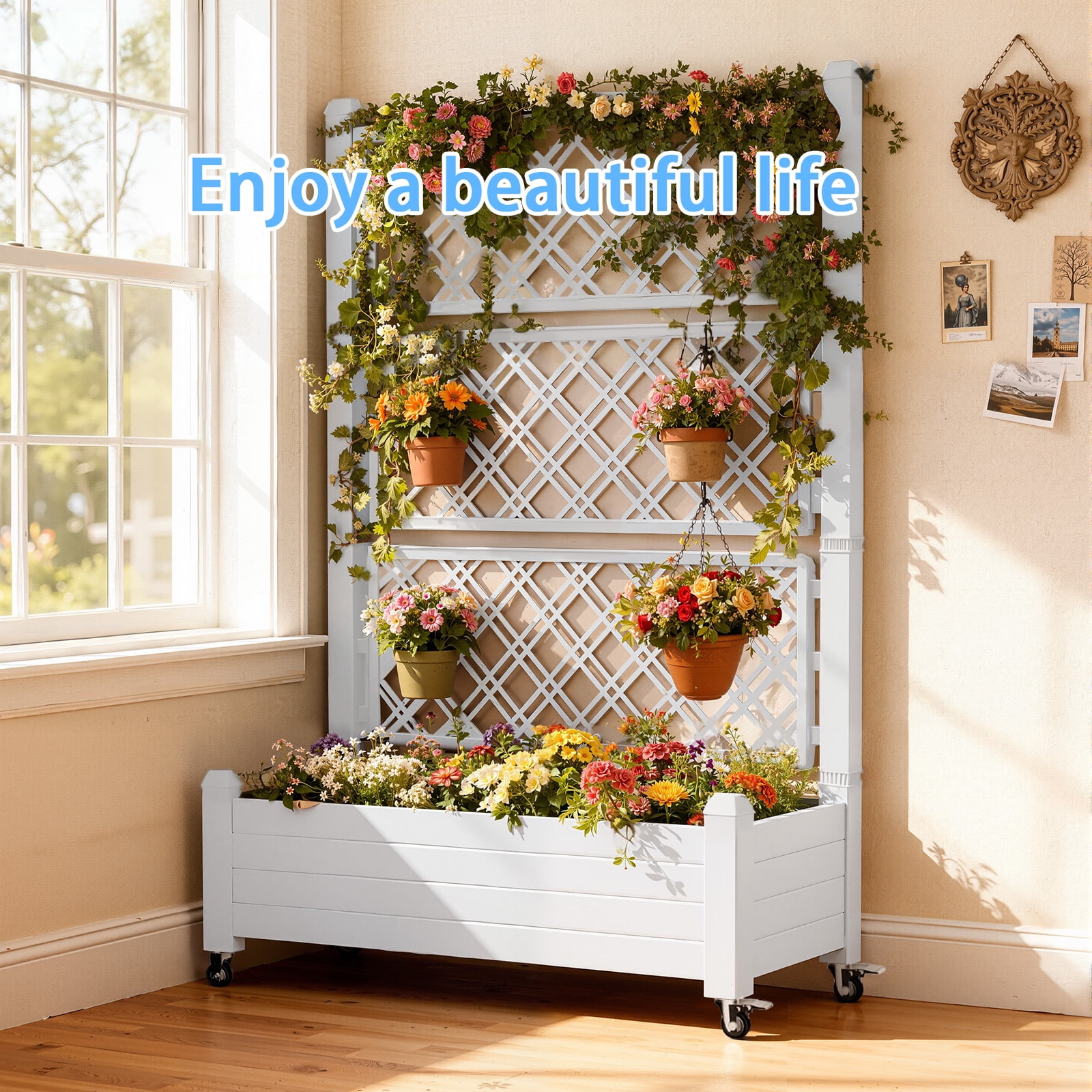 MAYEERTY Raised Garden Bed with Trellis Wheel, Freestanding Planter Box with Built-In Water Storage for Climbing Plants Vegetables Flowers Garden Yard