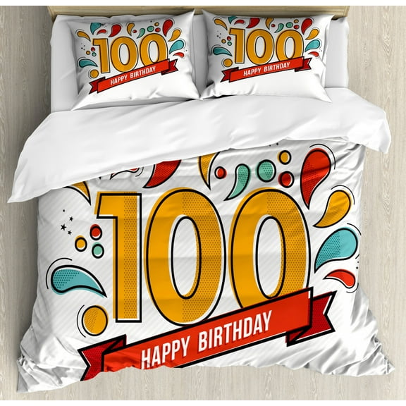 100th Birthday Duvet Cover Set Queen Size, Grannies Lived for Centuries 100 Birthday Party Growing Old Digital Image, Decorative 3 Piece Bedding Set with 2 Pillow Shams, Multicolor, by Ambesonne