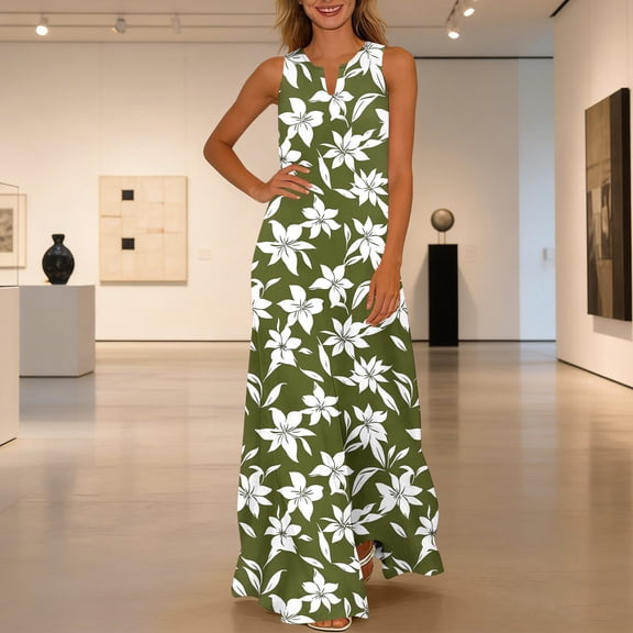 QUNYINEY Sleeveless Sun Dresses Women Summer Floral Casual Long A Line Dress V Neck Casual Loose Fit Flowy Vacation Dresses