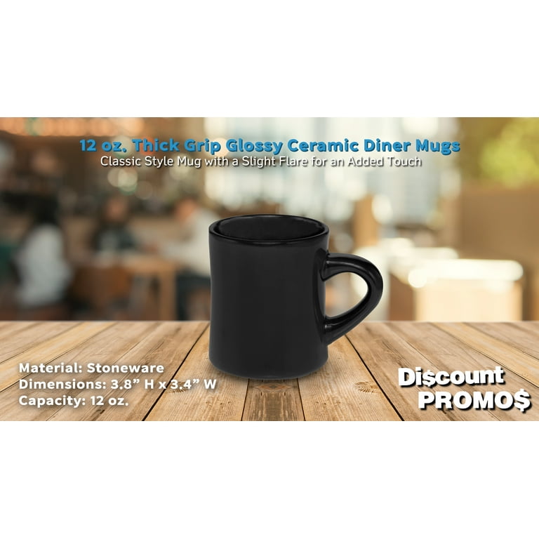 10 Thick Grip Glossy Ceramic Diner Mugs Set, 12 oz. - Stoneware, Smooth,  Easy Grip - Black