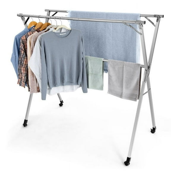 Vebreda Clothes Drying Rack Stainless Steel Garment Rack Adjustable and Foldable with Wheels