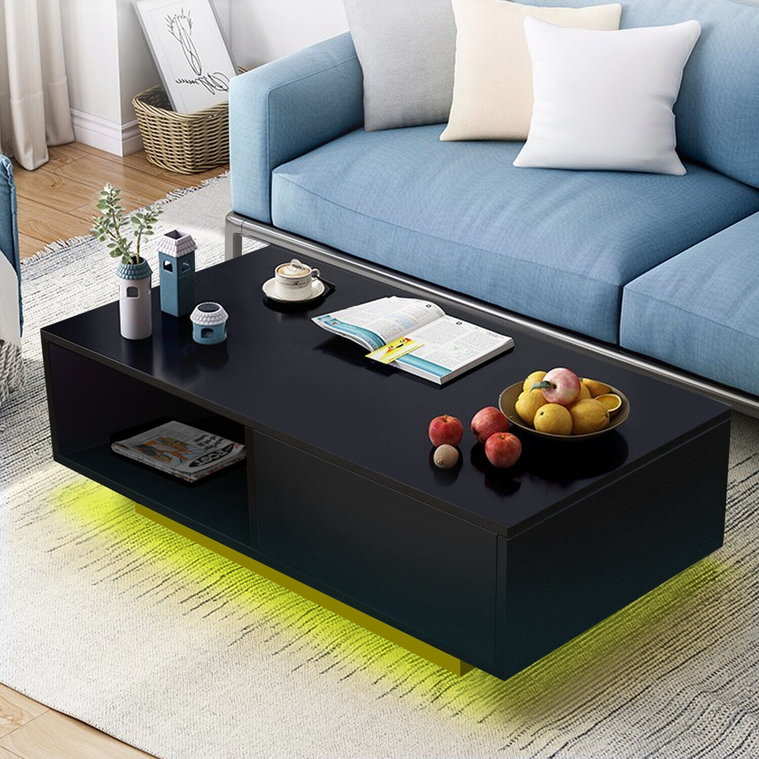 COSVALVE 43.3" High Gloss Black Coffee Table w/ 16 Colors LED Light