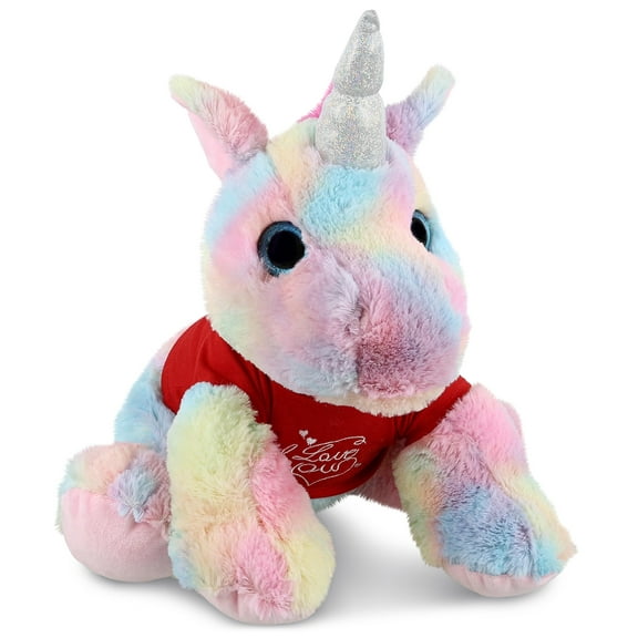 DolliBu I LOVE YOU Plush Floppy Rainbow Unicorn - Cute Stuffed Animal with Red Shirt For Valentine, Anniversary, Romantic Date, Boyfriend, or Girlfriend Gift - 10 Inches