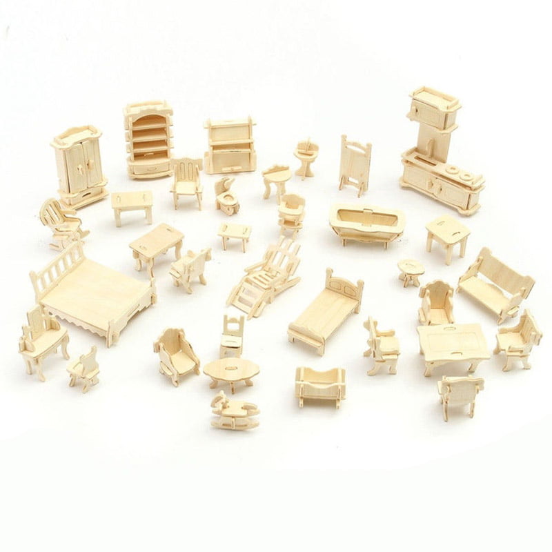 Wooden Dollhouse Furniture Miniature 3D Puzzle Self Assembly Kit 34Pcs/Set 
