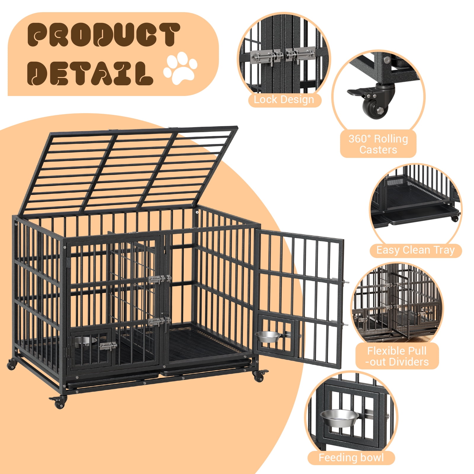 Heavy Duty Dog Crate with Wheels - 42" Steel Cage for Medium & Large Dogs