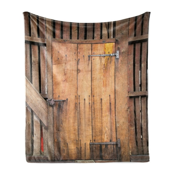 Rustic Soft Flannel Fleece Throw Blanket, Dated Simple Door Like in Construction Vertical Barns House Nobody Bohemian Print, Cozy Plush for Indoor and Outdoor Use, 60" x 80", Chocolate, by Ambesonne