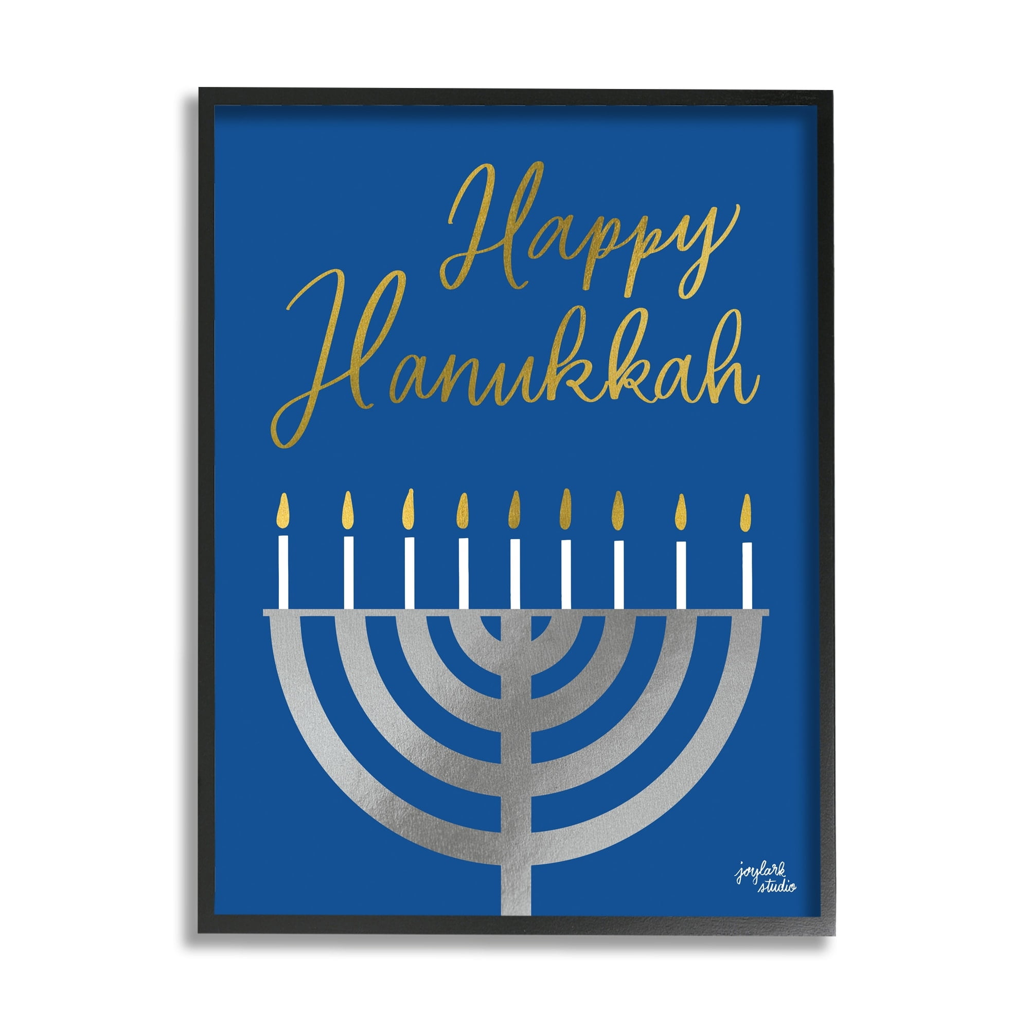 Stupell Industries Happy Hanukkah Calligraphy Radiant Lit Candles Menorah Graphic Art Gray Framed Art Print Wall Art, Design by Jess Baskin