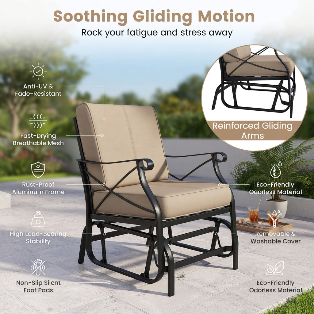Hommoo 2-Person Outdoor Glider Rocking Loveseat with Thick 5.5" Cushions, Heavy-Duty Black Metal Frame, for Patio, Porch & Deck Seating, Gray