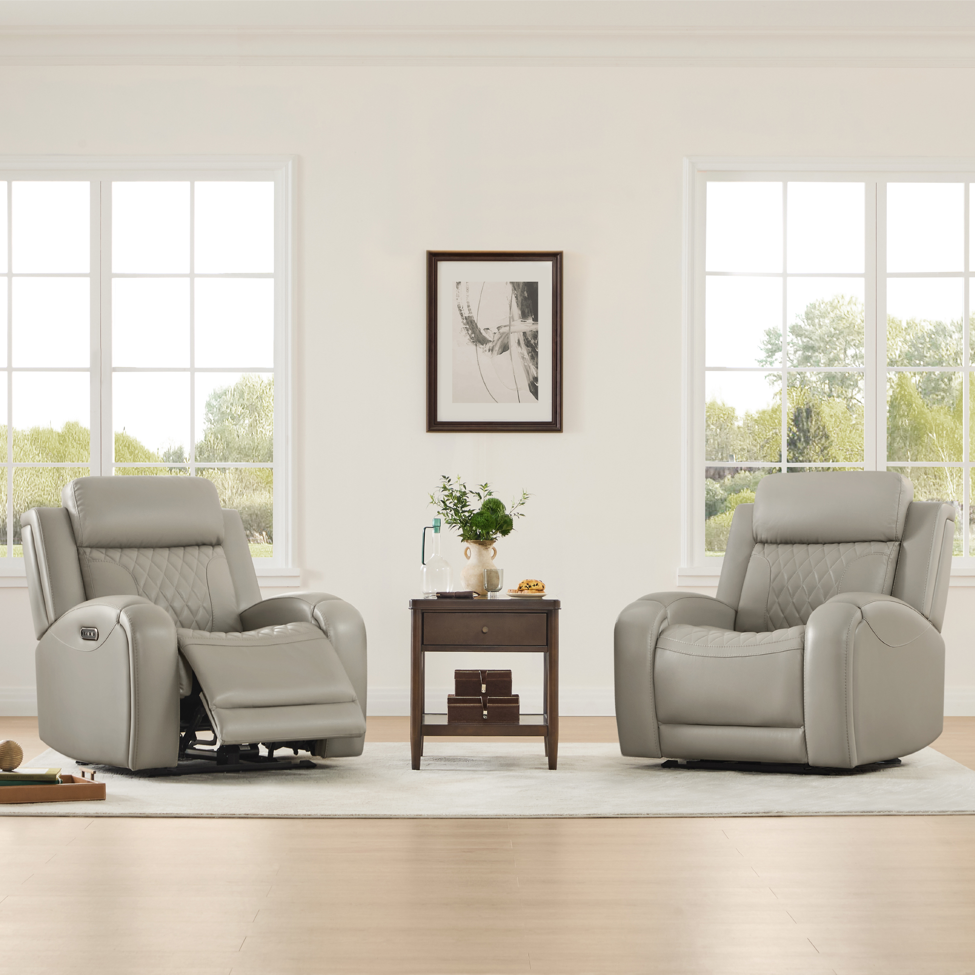 Spruce & Spring Leather Dual-Motor Lay Flat Recliner with Diamond Quilting, Light Gray