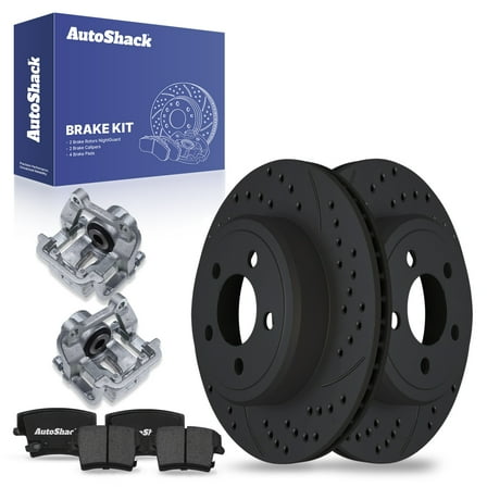 AutoShack Rear Drilled & Slotted Brake Rotors Ceramic Brake Pads Calipers | Replacement for Chrysler 300 Dodge Challenger Magnum 2006-2014 Charger | Black E-Coated | 8-PC Brake Kit | NightGuard