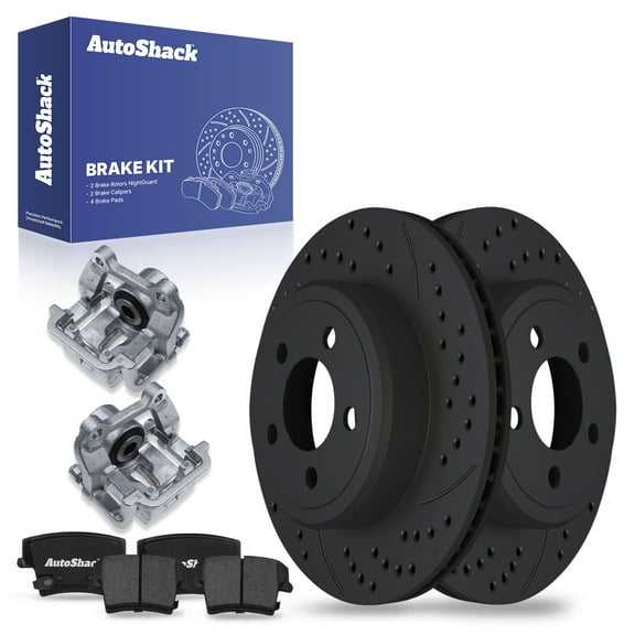 AutoShack Rear Drilled & Slotted Brake Rotors Ceramic Brake Pads Calipers | Replacement for Chrysler 300 Dodge Challenger Magnum 2006-2014 Charger | Black E-Coated | 8-PC Brake Kit | NightGuard