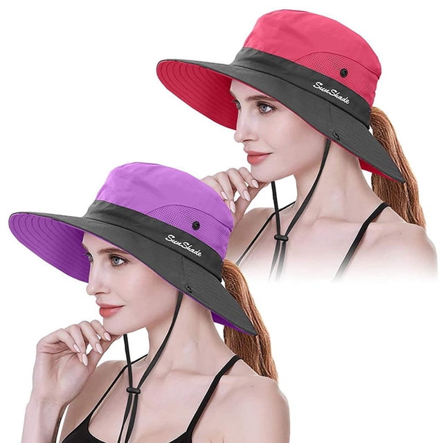 maskred 2 Pcs Chapeaux de Pêcheur pour Femmes Protection Queue de Cheval Chapeau de Soleil Large Bord No.2