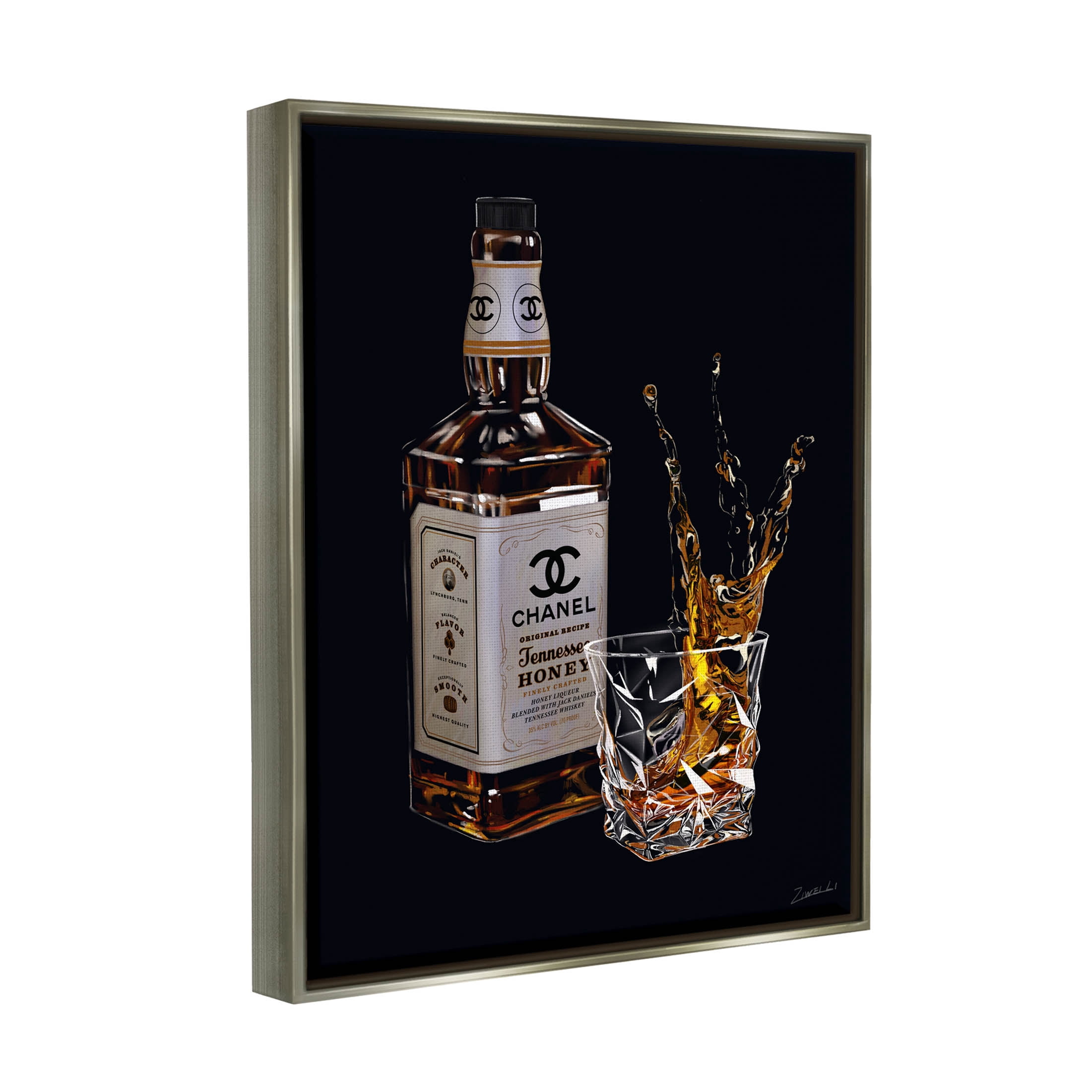 Stupell Industries Splashing Liqueur Glam Whiskey Bottle Graphic Art Luster Gray Floating Framed Canvas Print Wall Art, Design by Ziwei Li