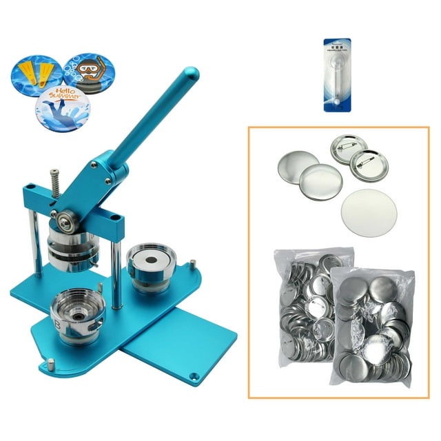 ChiButtons Button Maker Kit 58mm (2 1/4") Badge Press Machine-B400 + 58mm Round Die Moulds + 100 set Button Components + Adjustable Circle Cutter (Blue-New)