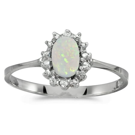 Oval White Topaz Ring - 10k White Gold Oval Opal And Diamond Ring