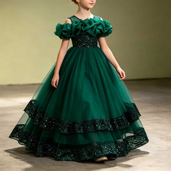 Girls Maxi Gown Sleeveless Off Shoulder Sequin Cinched A-Line Dress Tween Elegant Fluffy Tulle Layered Evening Dresses Green 13-14 Years