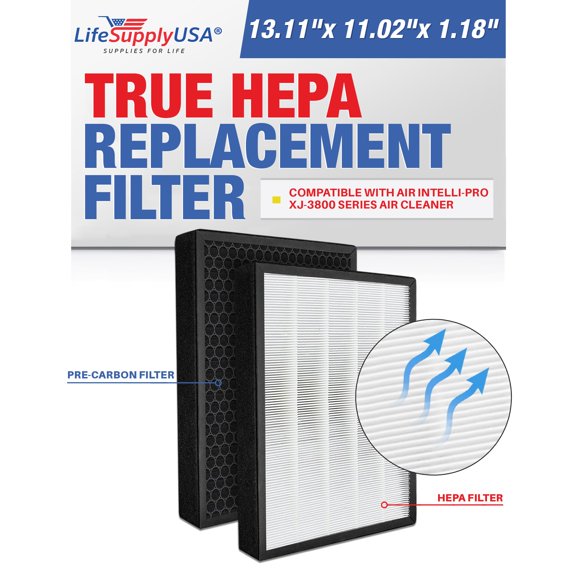 LifeSupplyUSA 2-in-1 True HEPA Air Cleaner Replacement Filter   Activated Carbon Charcoal for Surround Air Intelli-Pro XJ-3800 Series Air Cleaner