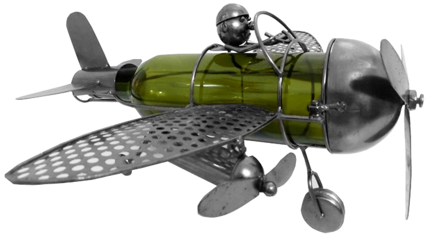 Airplane with Pilot Polished Metal Wine Caddy Bottle Holder