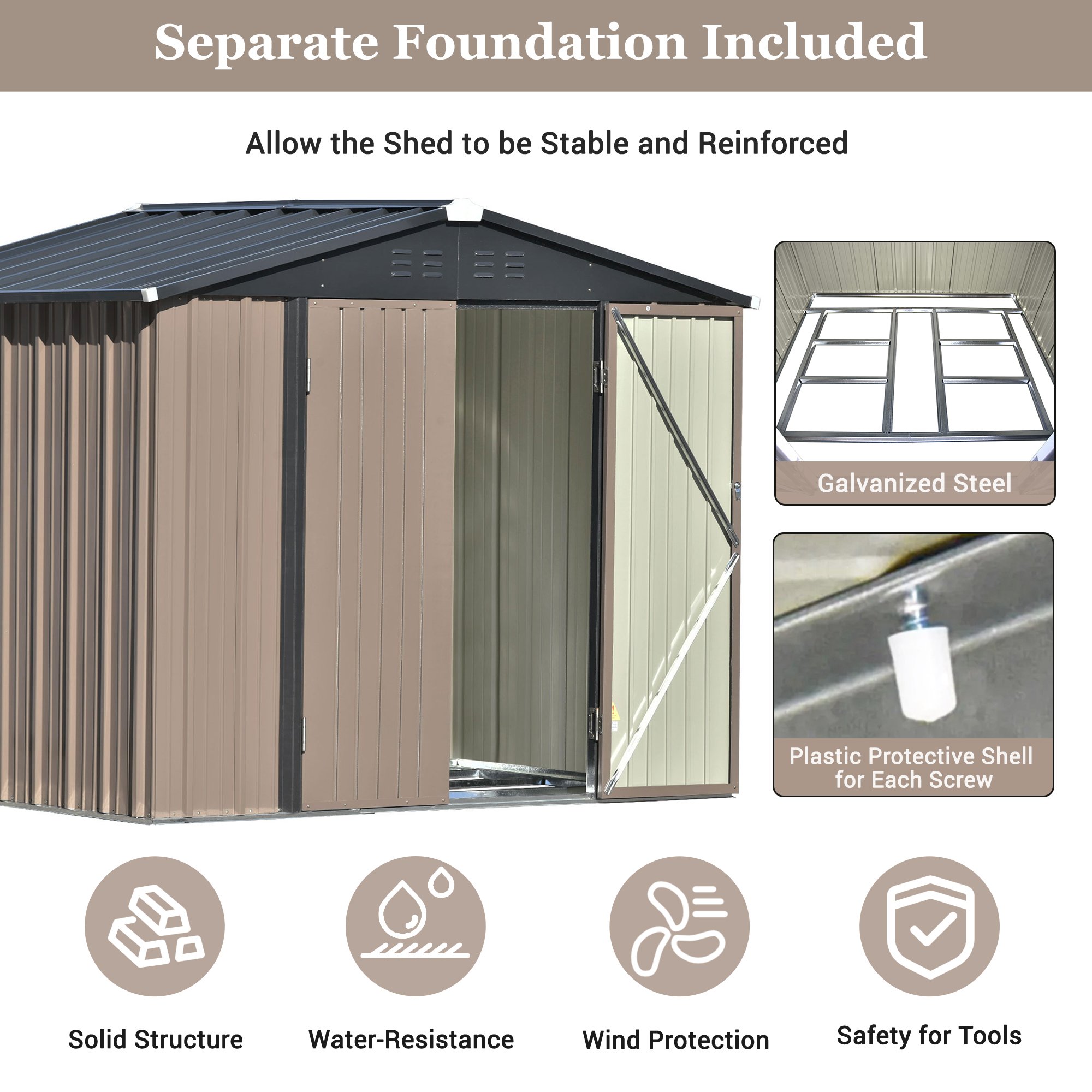Storage Shed 8FT X 6FT, Outdoor Shed Garden Storage Shed Metal with Lockable Doors and Foundation Frame, Bike Shed for Patio Lawn Backyard Trash Cans
