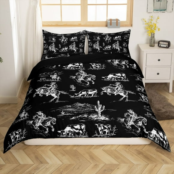 Erosebridal Southwestern Cowboys Comforter Cover, Western Farmhouse Bedding, Black White Lodge Cabin Decor, Reversible 2 Pieces (No Comforter)