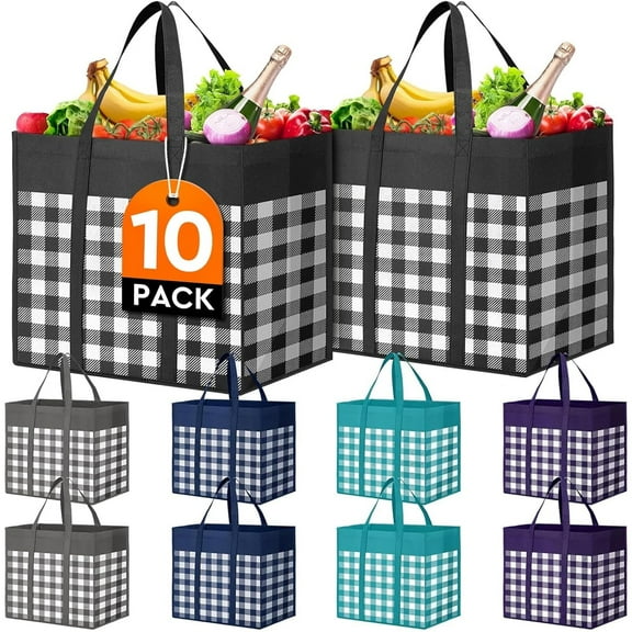Reusable Grocery Shopping Bags 10 Pack Large Foldable Tote Bags Bulk, Long Handle for Shopping Groceries Clothes (Plaid A)