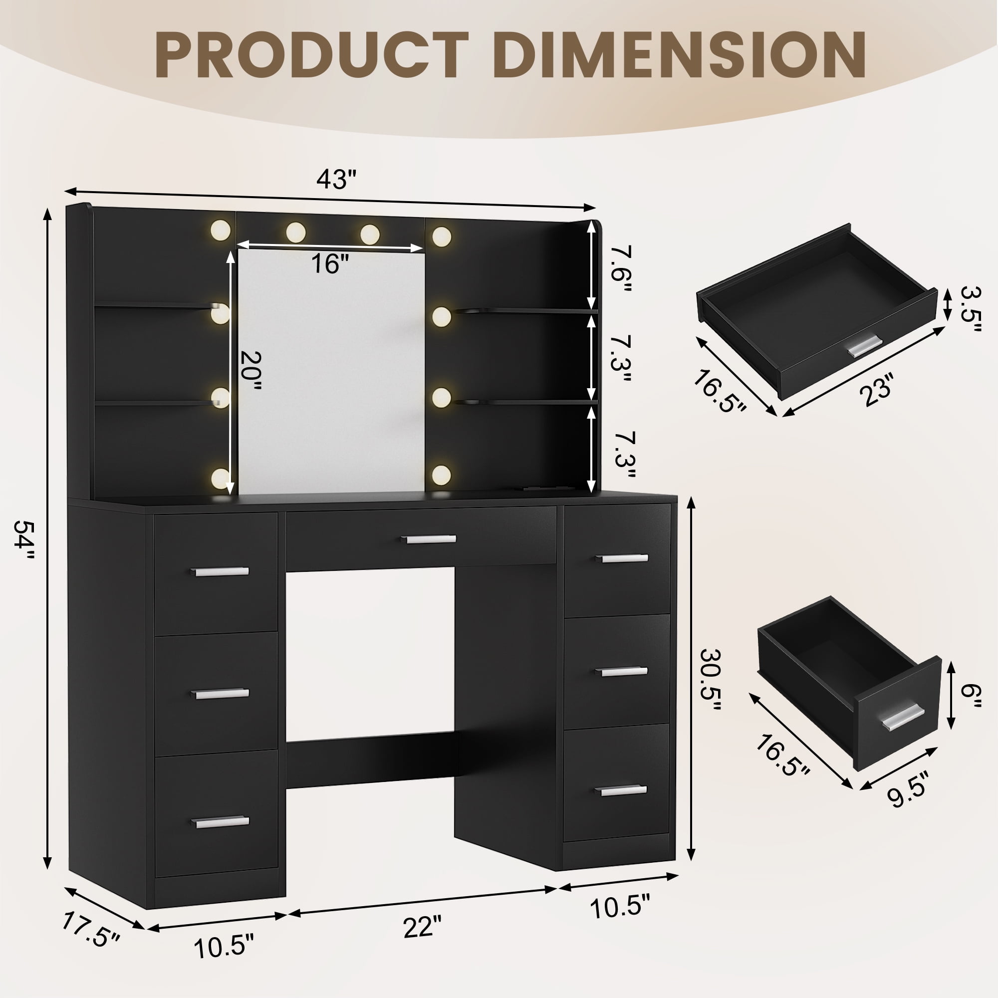 Vineego Makeup Vanity Desk with Mirror, Lights & Power Outlet Vanity Table with 7 Drawers and 6 Storage Shelves for Bedroom, Black
