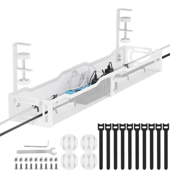 Cable Management Mzmaxy - Abrazadera metálica para colocar debajo del escritorio (25 pulgadas), color blanco