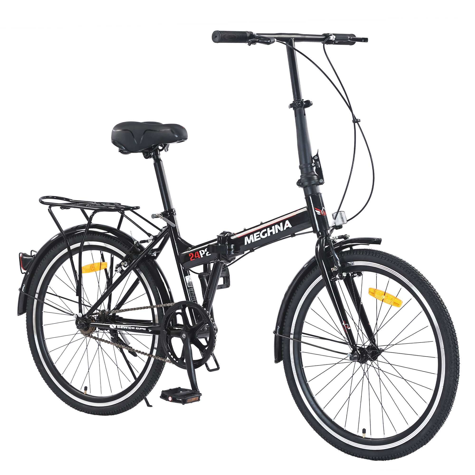 Mountain Bikes 24 Inch Folding Bike for Adults with Fenders, Steel Frame Single Speed City Commuter, Dual V-Brake Portable Compact Bicycle for Men & Women,Hybrid Bikes