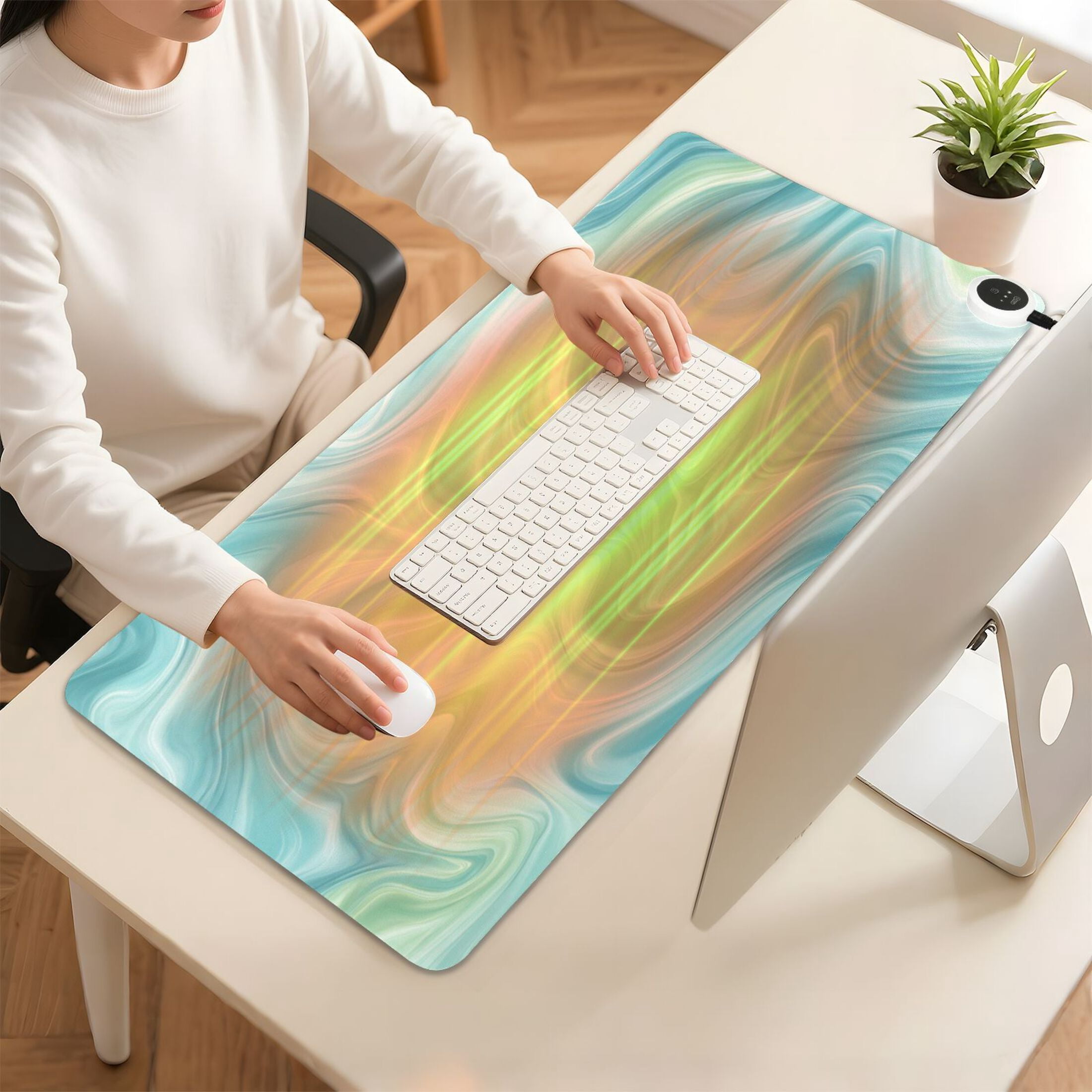 Large Heated Desk Mat Mouse Pad 31.5"x13"PU Leather Graphene Heating Desk Warmer with 3 Temperature Settings 110V US Plug Non-Slip Warm Pad for Home, Office, and Gaming Oceanic Liquid Marble Design