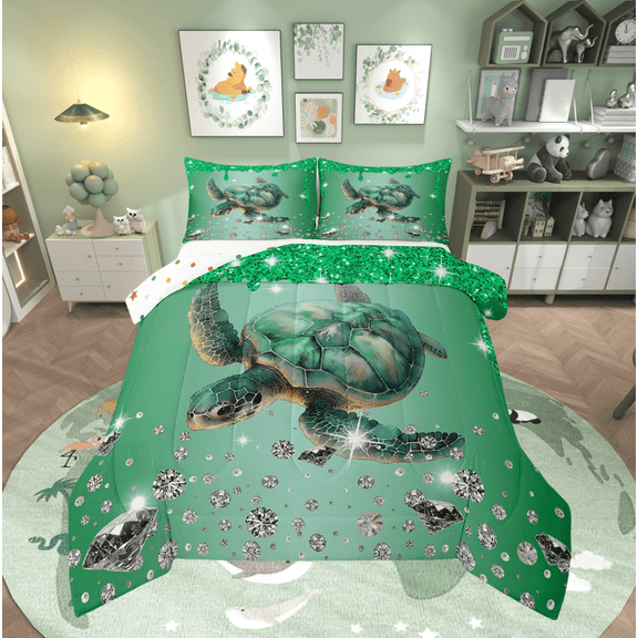 Sea Turtle Comforter Set Green Sequin Fluid Art Twin Bedding Sets,Crystal Diamond Bed Set Nautical Sea Animal Duvet Insert,Coastal Creature Ocean Decor