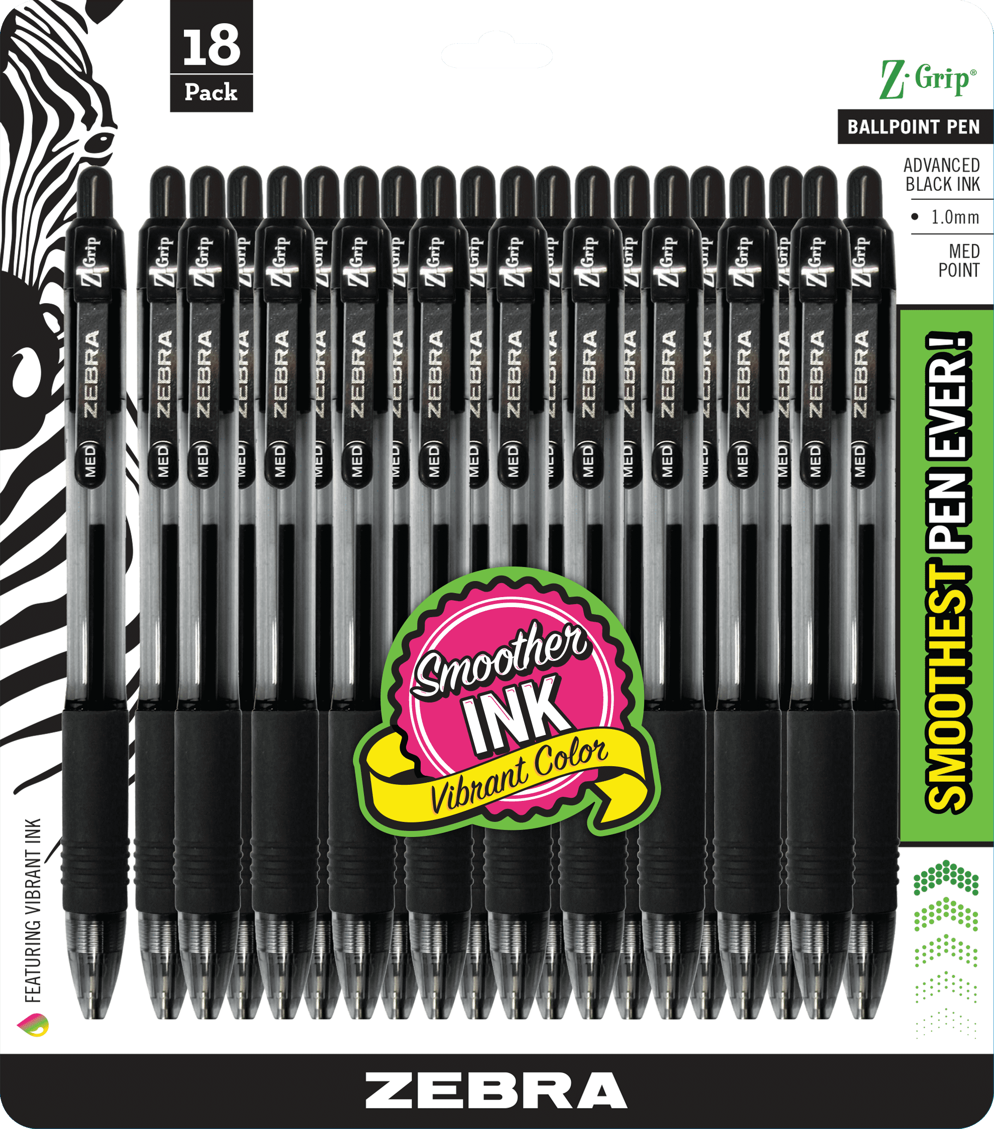 1.0mm Zebra Pen Z-Grip Retractable Ballpoint Pen Medium Point Black Ink 18-Count