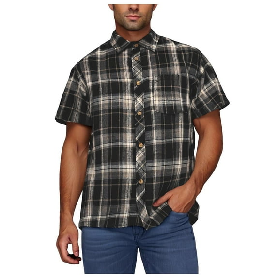 Tdoqot Mens Plaid Button Down Shirts with Pocket- Casual Regular Fit Short Sleeve Classic Shirts Black Size 4XL