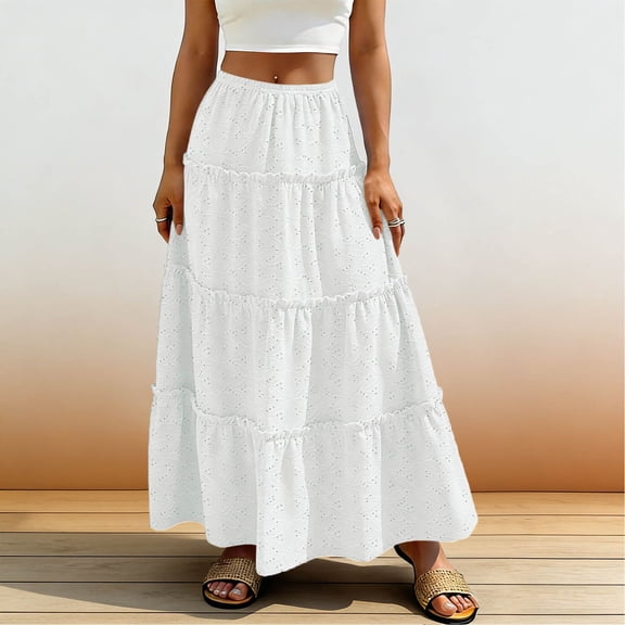 Women's High Waisted Maxi Skirt Tiered Eyelet Embroidery Long Skirt A-Line Flowy Boho Style Cotton Feel Skirt for Summer Beach Vacation Casual Elegant Daily Wear
