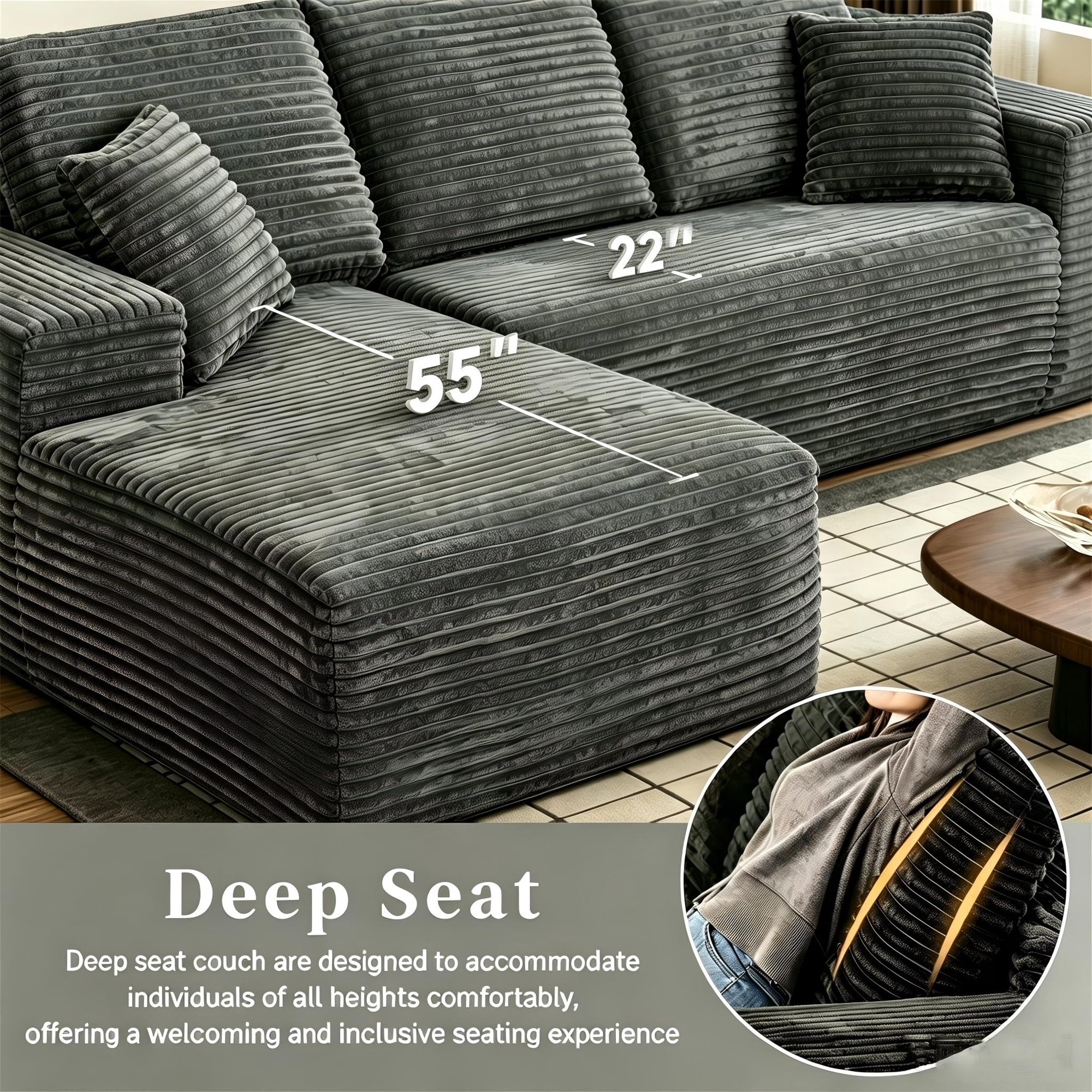 Aukfa 108" Cloud Sectional Sofa Oversized Boneless Couch Modular L-Shaped Sofa, Left Chaise Corduroy Sofa for Living Room, Dark Gray