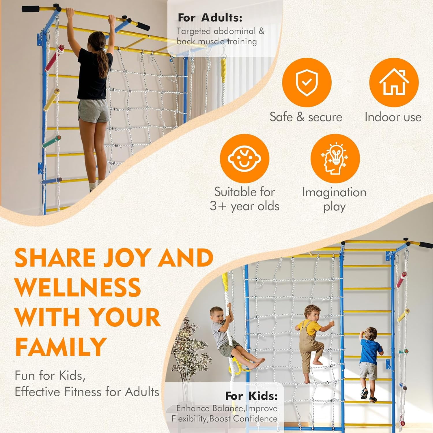 Heavy-Duty 7-in-1 Kids Climbing Gym – Steel Wall-Mounted Monkey Bars with 220 lbs Capacity, Includes Rope Ladder, Rings & Pull-up Bar for Home Play