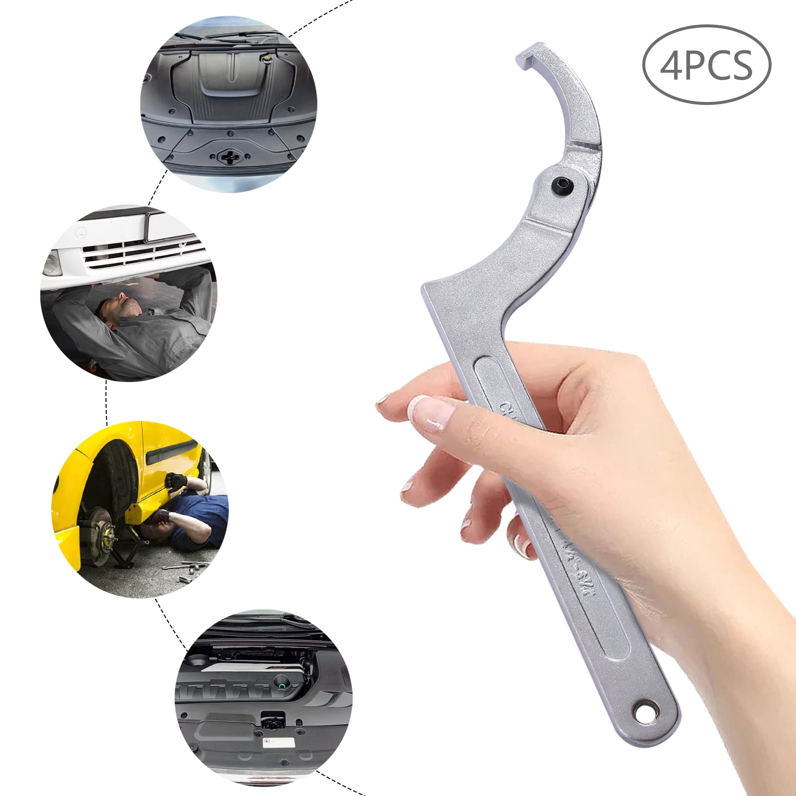 Adjustable C Pin Spanner Hook Wrench Set, 4-Piece, Chrome Vanadium Steel, Multiple Size Range for Nut or Bolt Turning