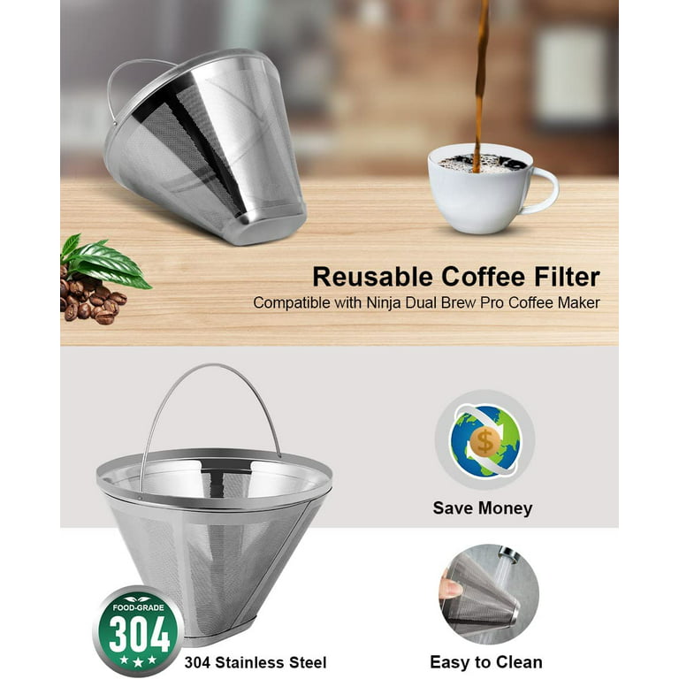 Reusable Filter for Ninja Dual Brew, 2 Pack K Cup Coffee Pods and 1  Stainless Steel Coffee Maker Filter #4 Cone for Ninja Dual Brew Coffee  Maker Ninja CFP301 CFP201 