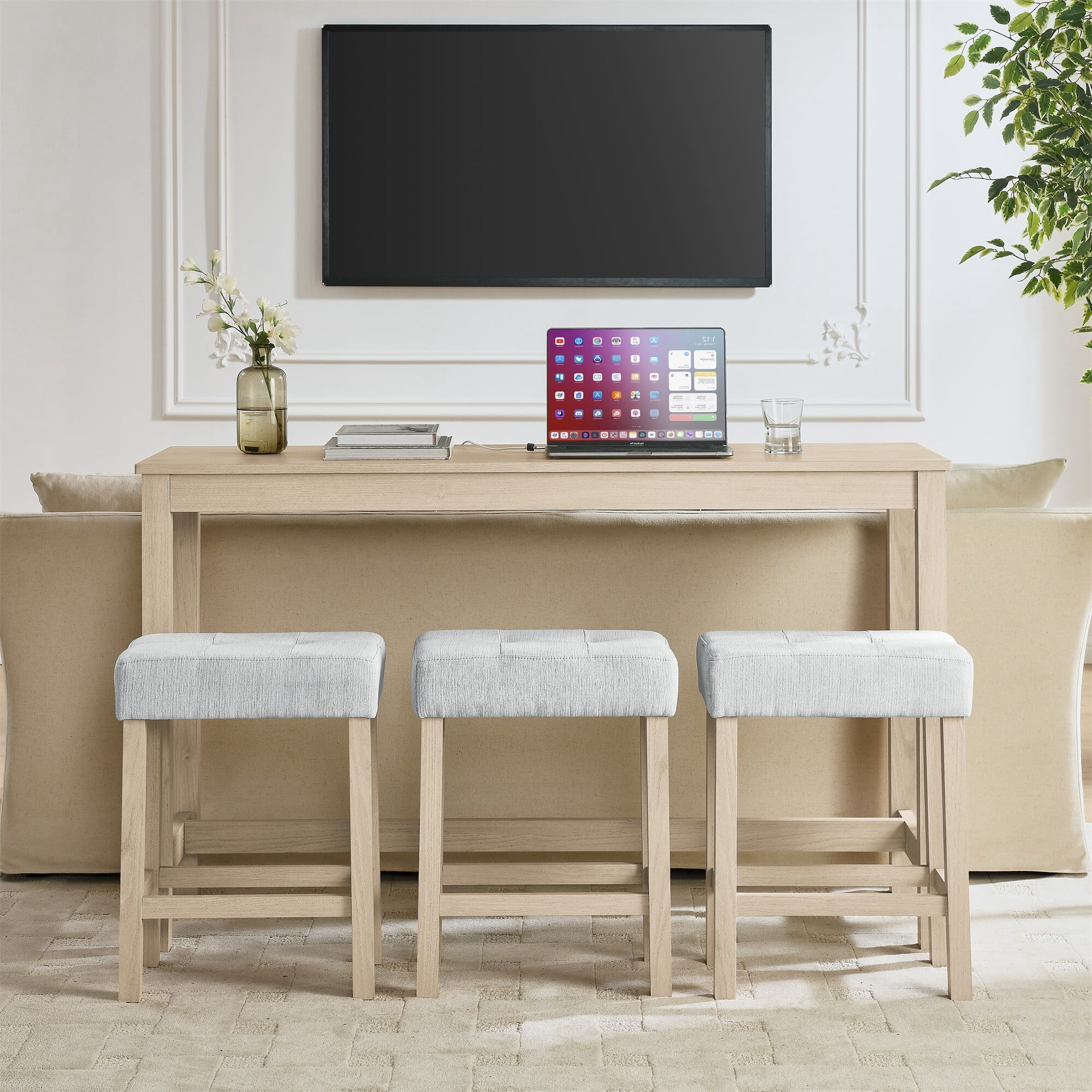 DEALTOPS 4-Piece Bar Table Set with Charging Station, 59" Counter Table with 3 Soft Stools for Small Space, Light Oak