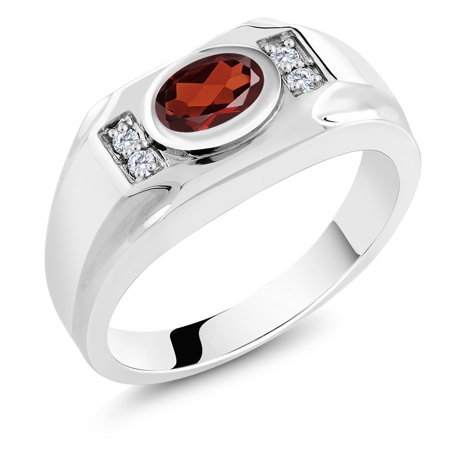 Gem Stone King Men's 925 Sterling Silver Red Garnet and White Moissanite Ring (1.65 Cttw, Gemstone January Birthstone, Oval 8X6MM,, Size 8)