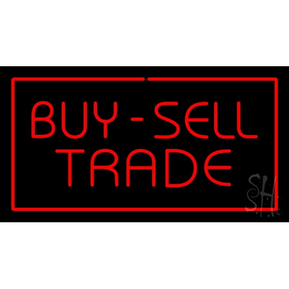 Buy Sell Trade with Red Border LED Neon Sign 20 x 37 - inches, Black Square Cut Acrylic Backing, with Dimmer - Bright and Premium built indoor LED Neon Sign for Pawn Wall decor decor, and storefront.