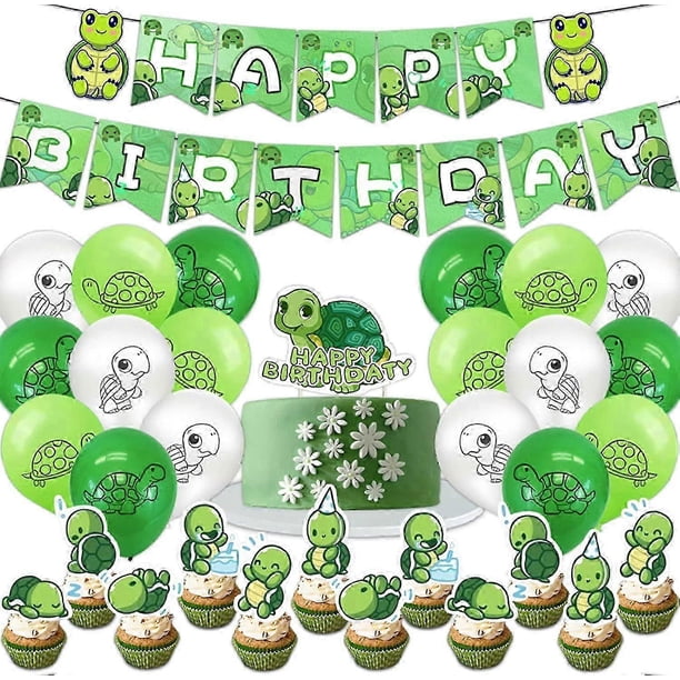 Turtle Baby Party Supplies Set With Happy Birthday Banner, Turtle Balloons, Turtle Cake Topper, Turtle Cupcake Toppers, Ocean Sea Life Theme Party For