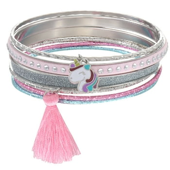 Wonder Nation Girls Unicorn Silver-tone Bangle Bracelet Set, 6 PC, Pink