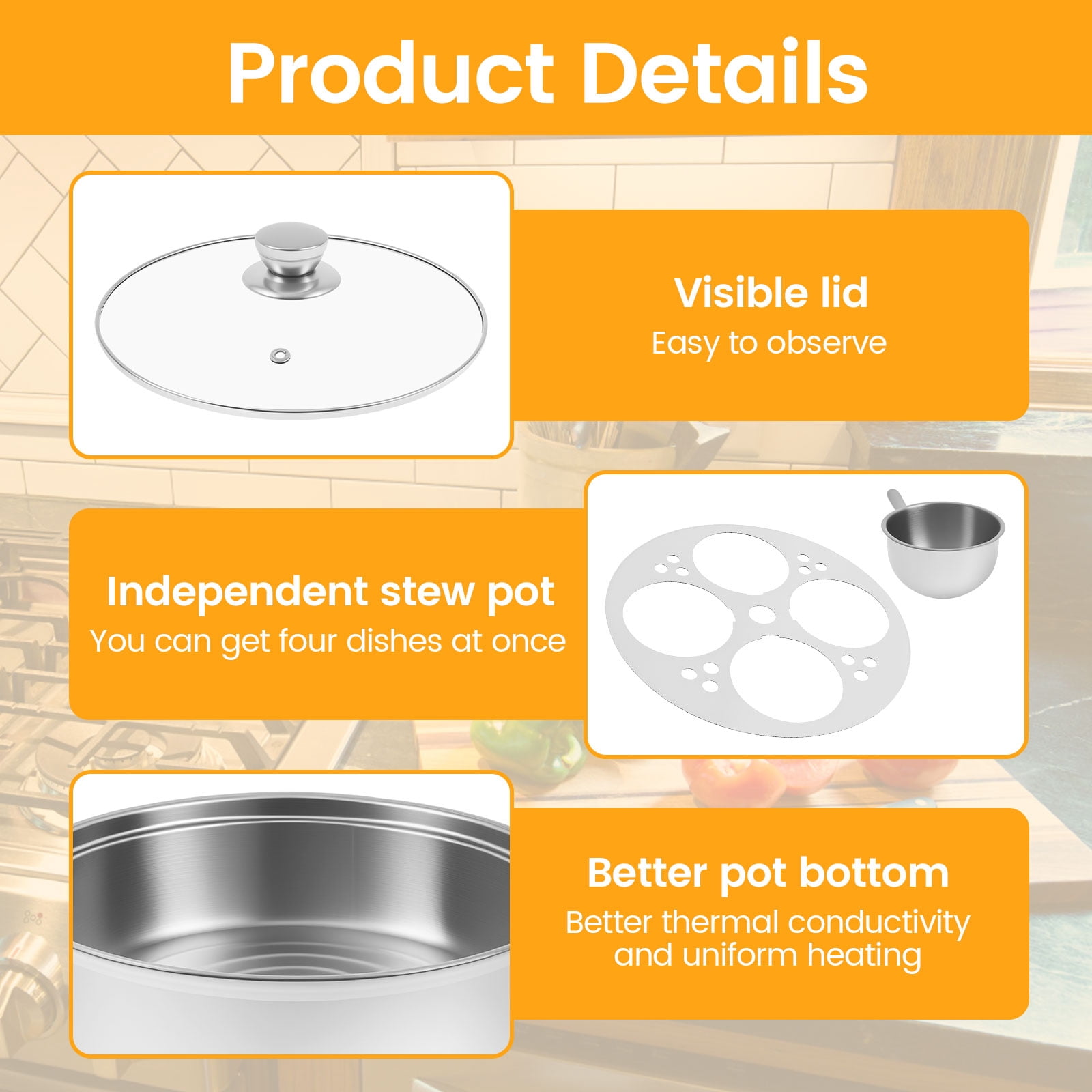 Tcwhniev 7pcs Stainless Steel Egg Poacher Versatile Kitchen Poacher Egg Maker Cooker with 4 Cup and Glass Lid for Induction Cooker