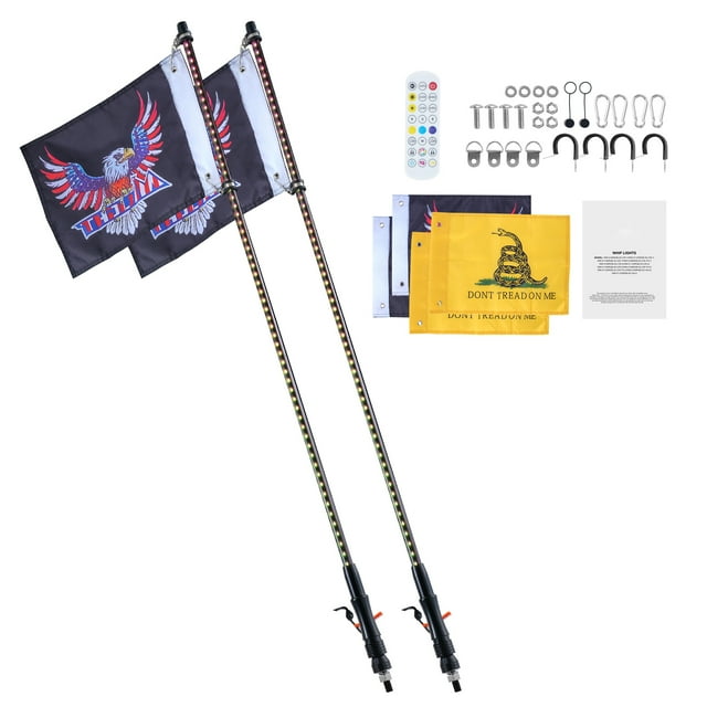 KFFKFF Lot de 2 Lumières LED Fouet 4 Pieds, Étanche RGB avec Application & Télécommande RF, Inclut 4 Drapeaux, pour UTV, ATV, Moto, RZR, Can-am, Camion, Tout-Terrain, Kart
