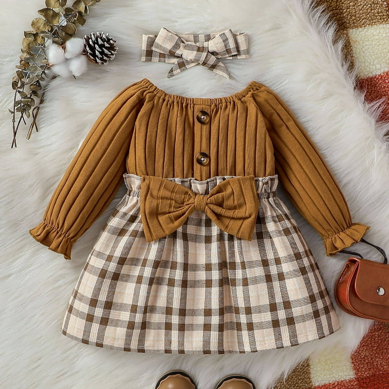 KTMKH Toddler Baby Girl Dress Kids Cute Girl Ruffle Long Sleeve Plaid Round Collar Bowknot Party Fall Winter Outfit With Plaid Hair Band Dresses for Girl 12 18 Months Walmart