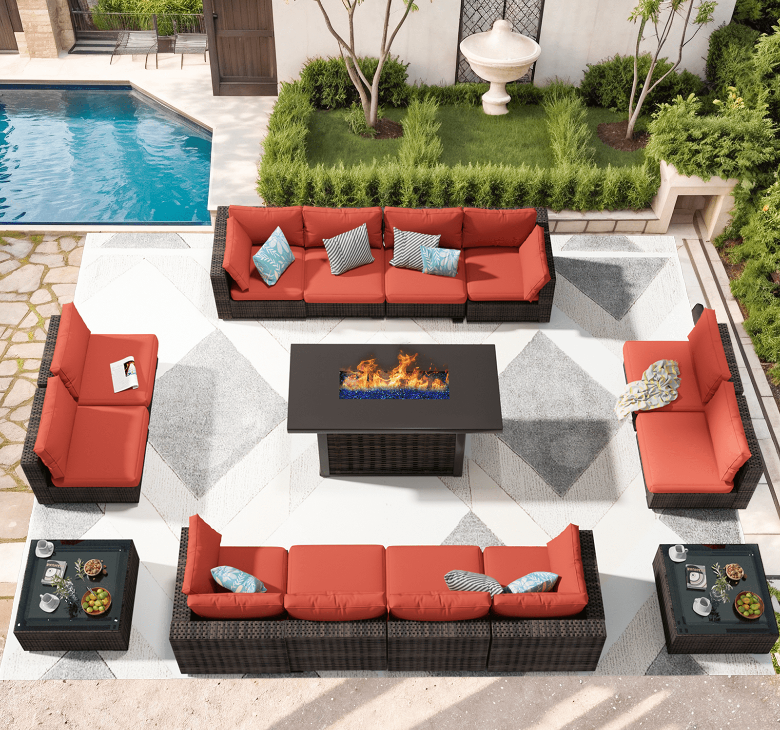 Grezone Patio Furniture Sets 15 Pieces Sectional Outdoor Furniture Sofa Chairs Set All Weather PE Rattan Wicker Couch Conversation Set, Red