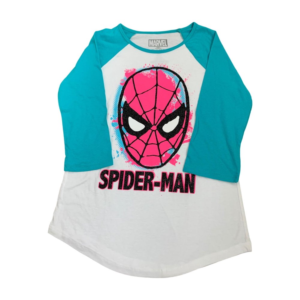 SpiderMan Girls 3/4 Sleeve Teal & Pink TShirt Baseball Tee Shirt XL
