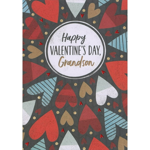 Designer Greetings Red, Blue, White and Brown Hearts: Base of Hearts Pointing at Circular Banner Valentine's Day Card for Grandson