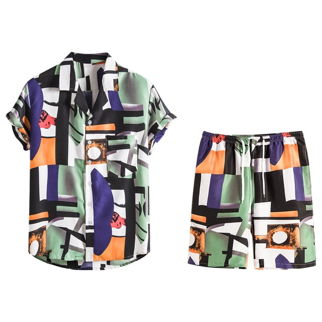 Conjunto casual de blusa y pantalones de playa de manga corta con estampado de botones para hombre Pompotops oipoqjl35422